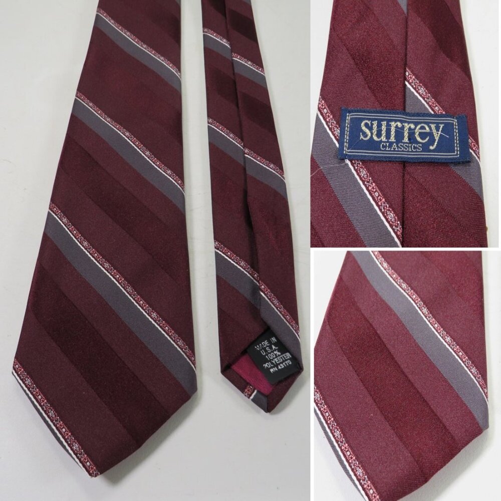VTG Maroon Burgundy w gray Men's striped Tie Polyester by Surrey Classic Necktie